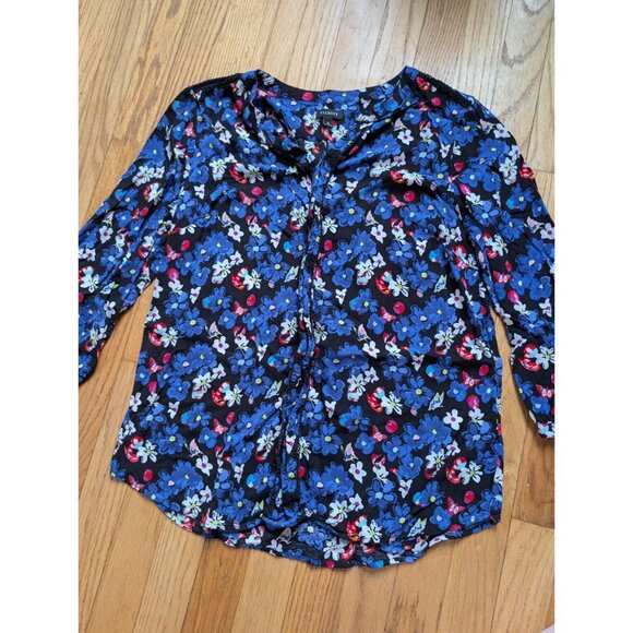 Talbots Womens Floral Print Button-Up Blouse Black/Blue Long Sleeve Size M - Picture 3 of 4